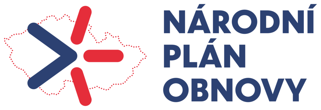 Logo s tečkovaným obrysem České republiky, modrou a červenou abstraktní šipkou a tučným modrým textem Národní plán obnovy, který představuje podporu pro základní vzdělávání a školní družinu v základní škole Hradec Králové.